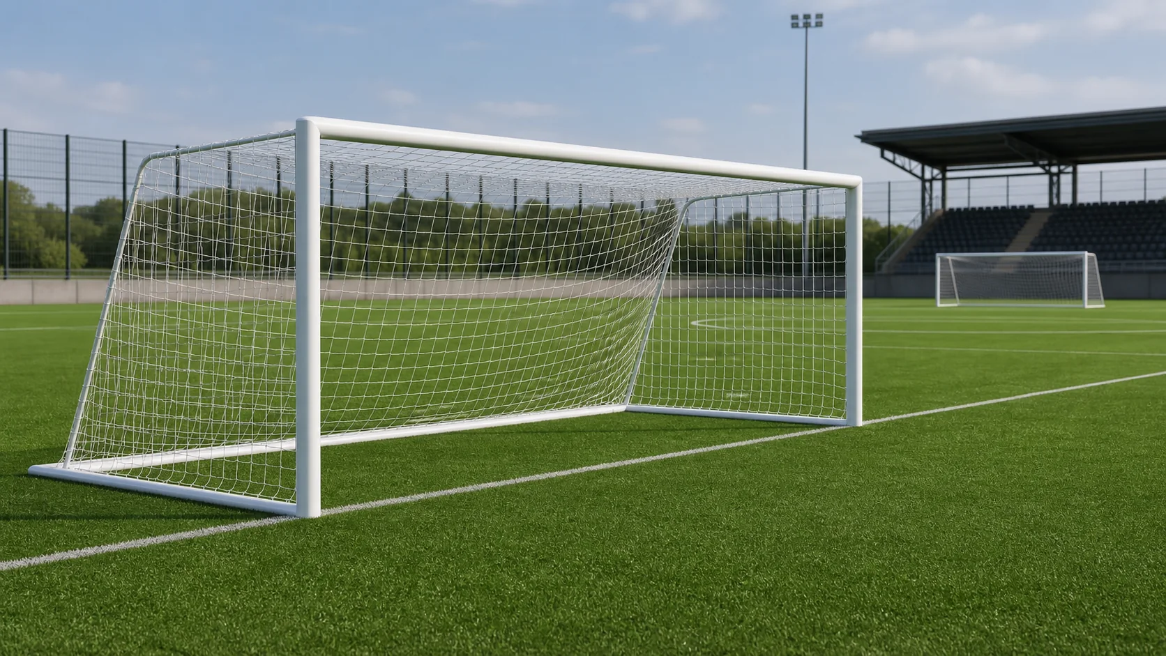 Yapay çim futbol sahasında karşılıklı kullanılan beyaz kale seti