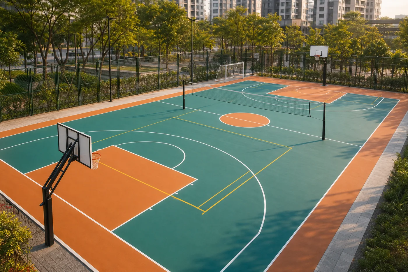 Basketbol, voleybol ve mini futbol için renk kodlu çok amaçlı açık spor sahası