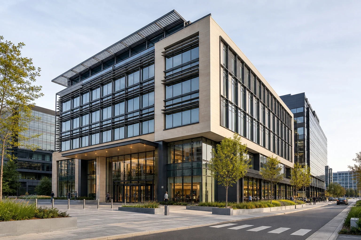Contemporary office and commercial building with solar shading, stone and glass facade and a double-height entrance