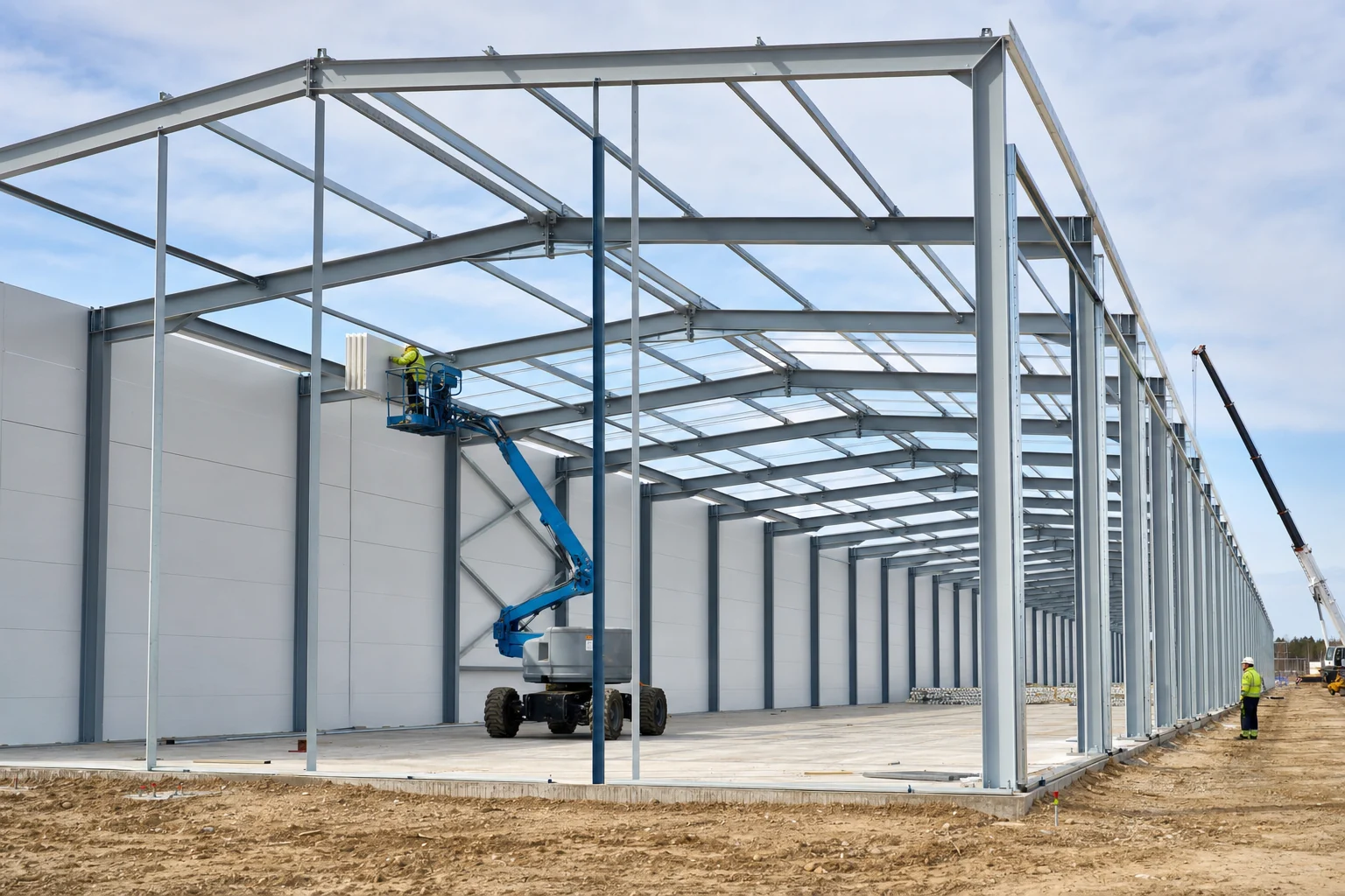 Prefabricated warehouse with steel portal frames and sandwich panels being erected over a concrete foundation