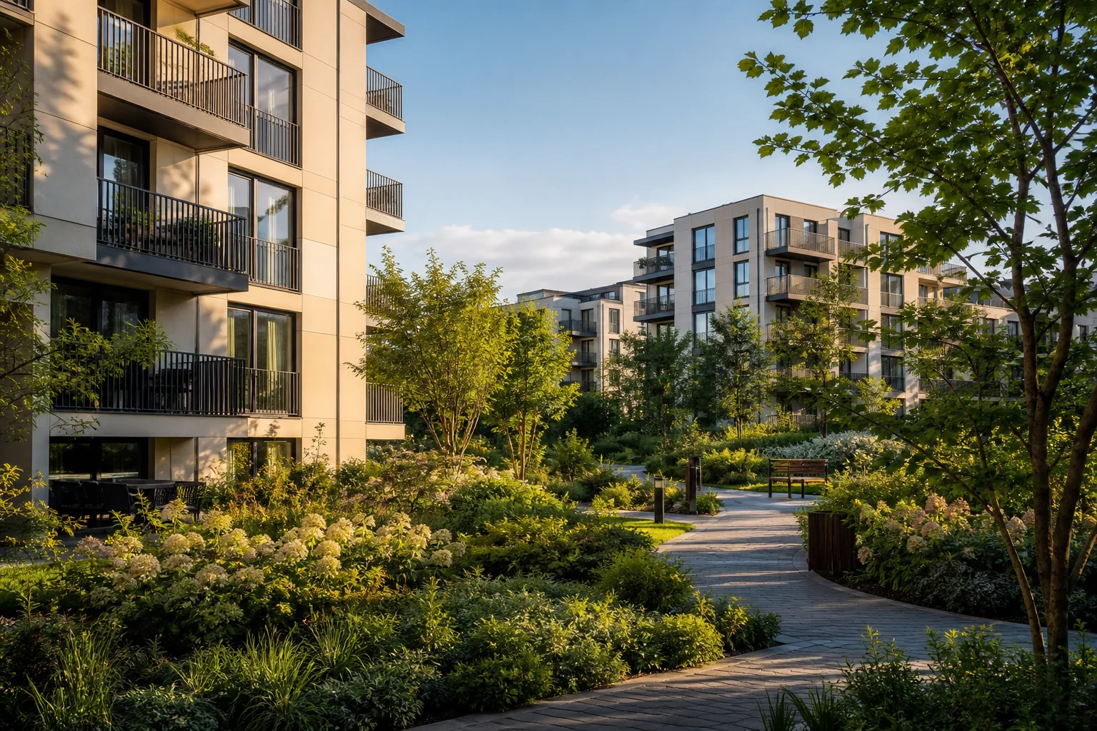 Representative residential-development assessment showing contemporary buildings and landscaped shared areas