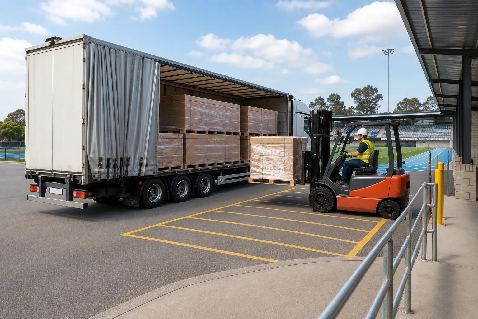Representative site-delivery image showing pallet unloading by forklift at a sports facility receiving area
