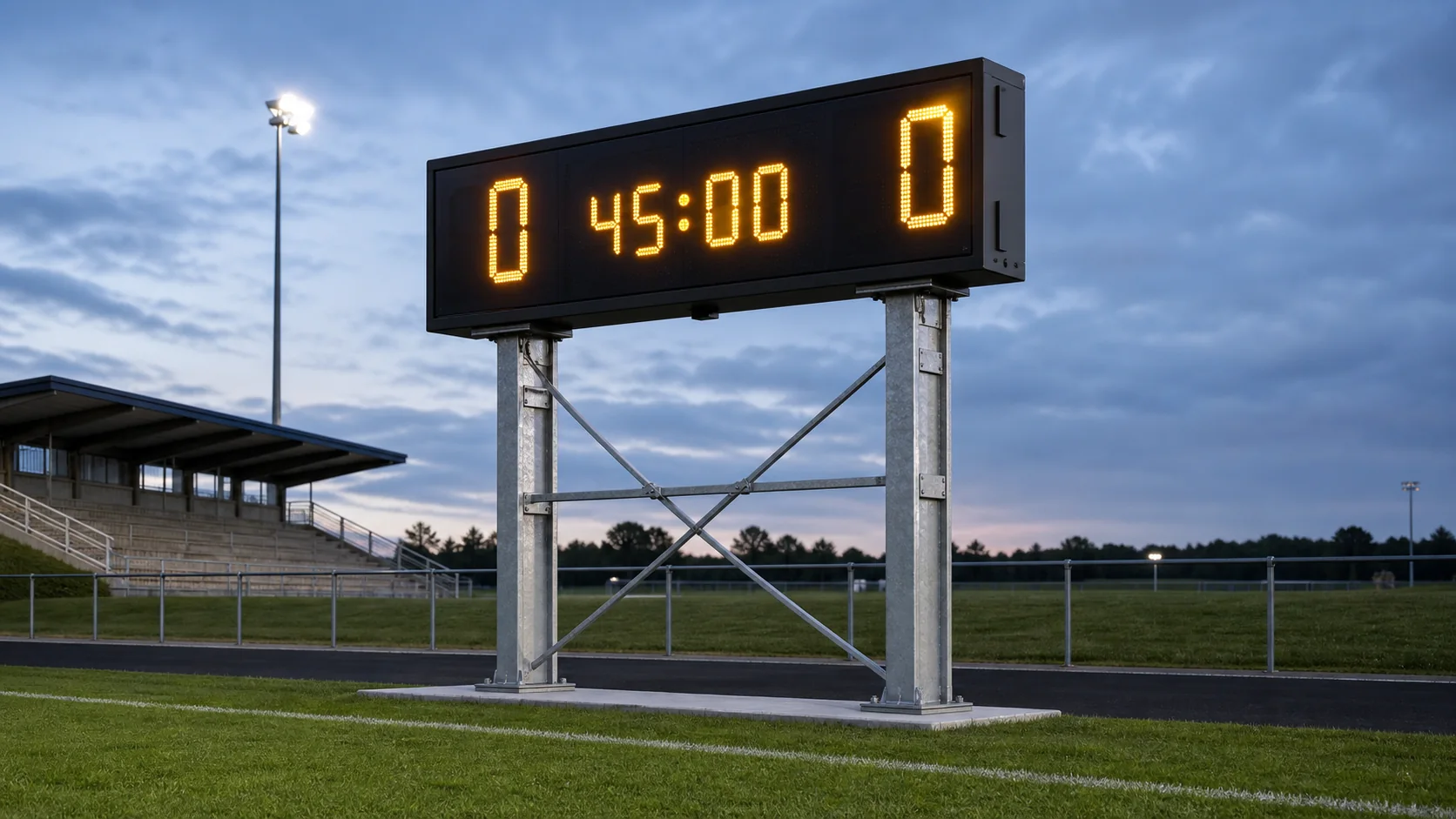 Futbol ve atletizm sahası yanında dış mekân elektronik skorbordu