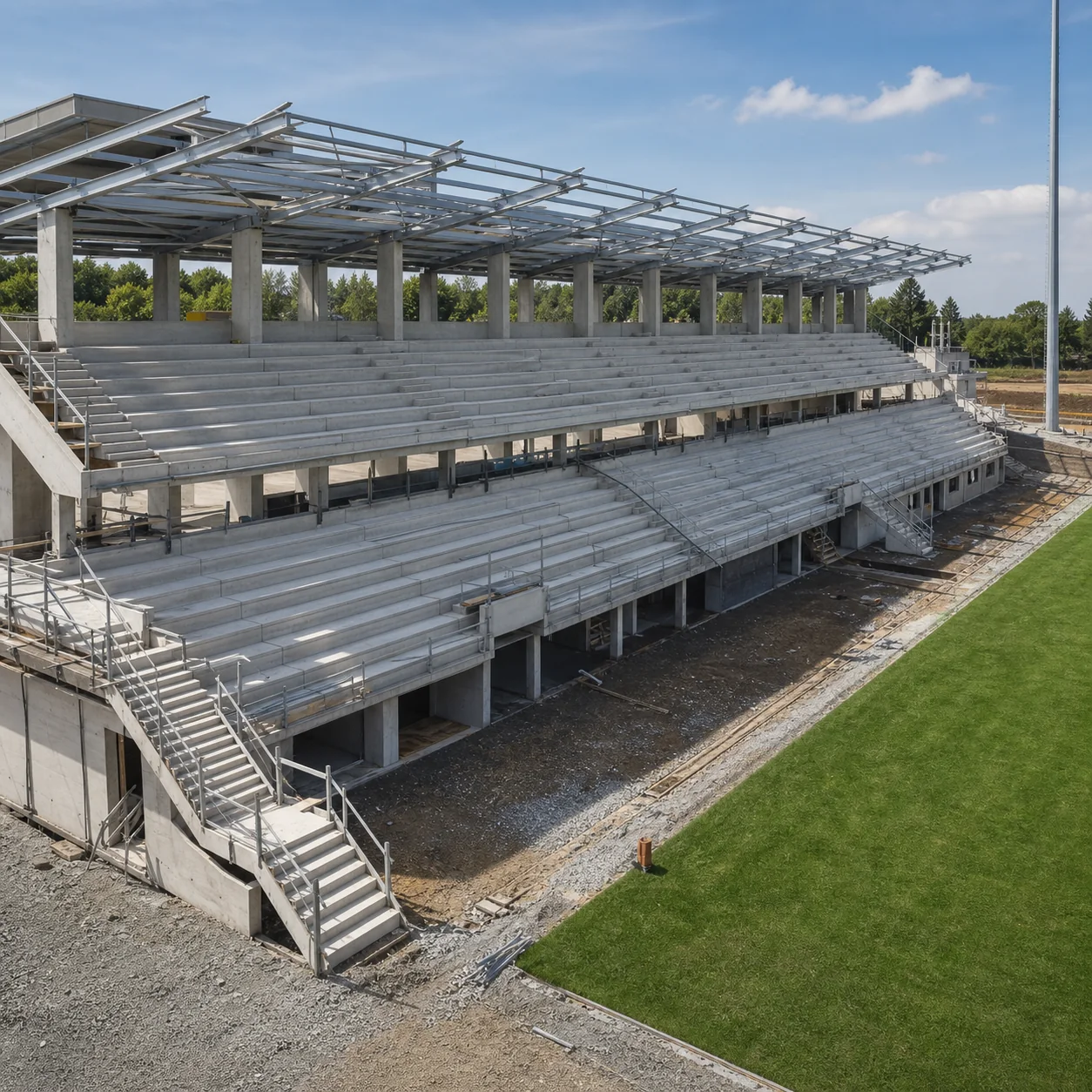 Stadium construction site with concrete tiers and a partially installed steel roof