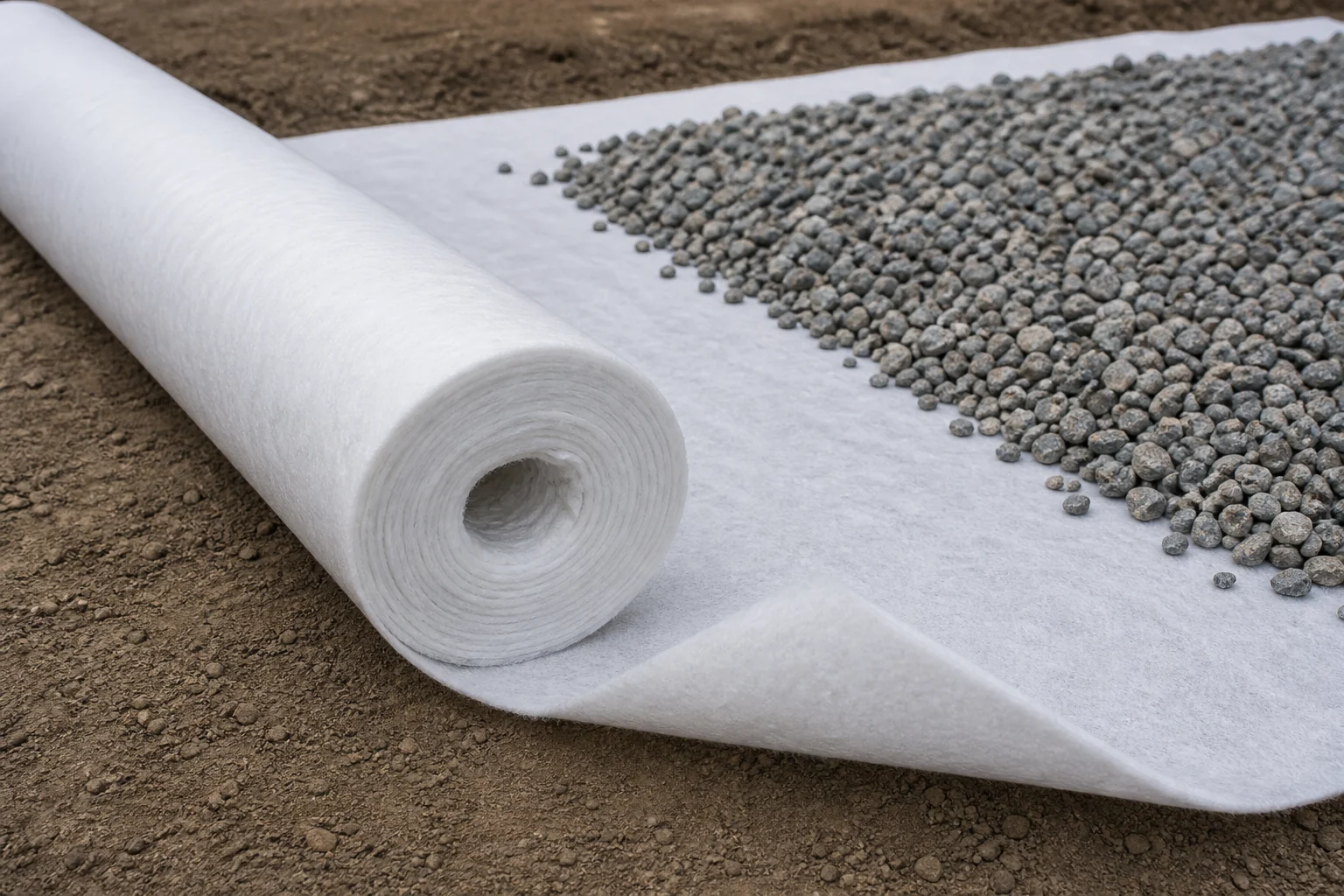 White nonwoven geotextile opened over compacted formation with a controlled aggregate layer placed above