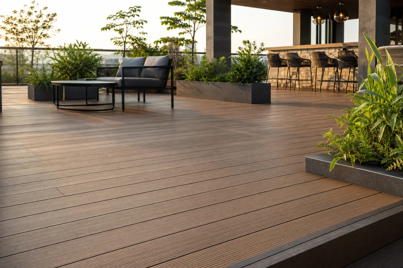 Peyzajlı modern açık hava terasında sıcak kahverengi oluklu WPC kompozit deck kaplaması